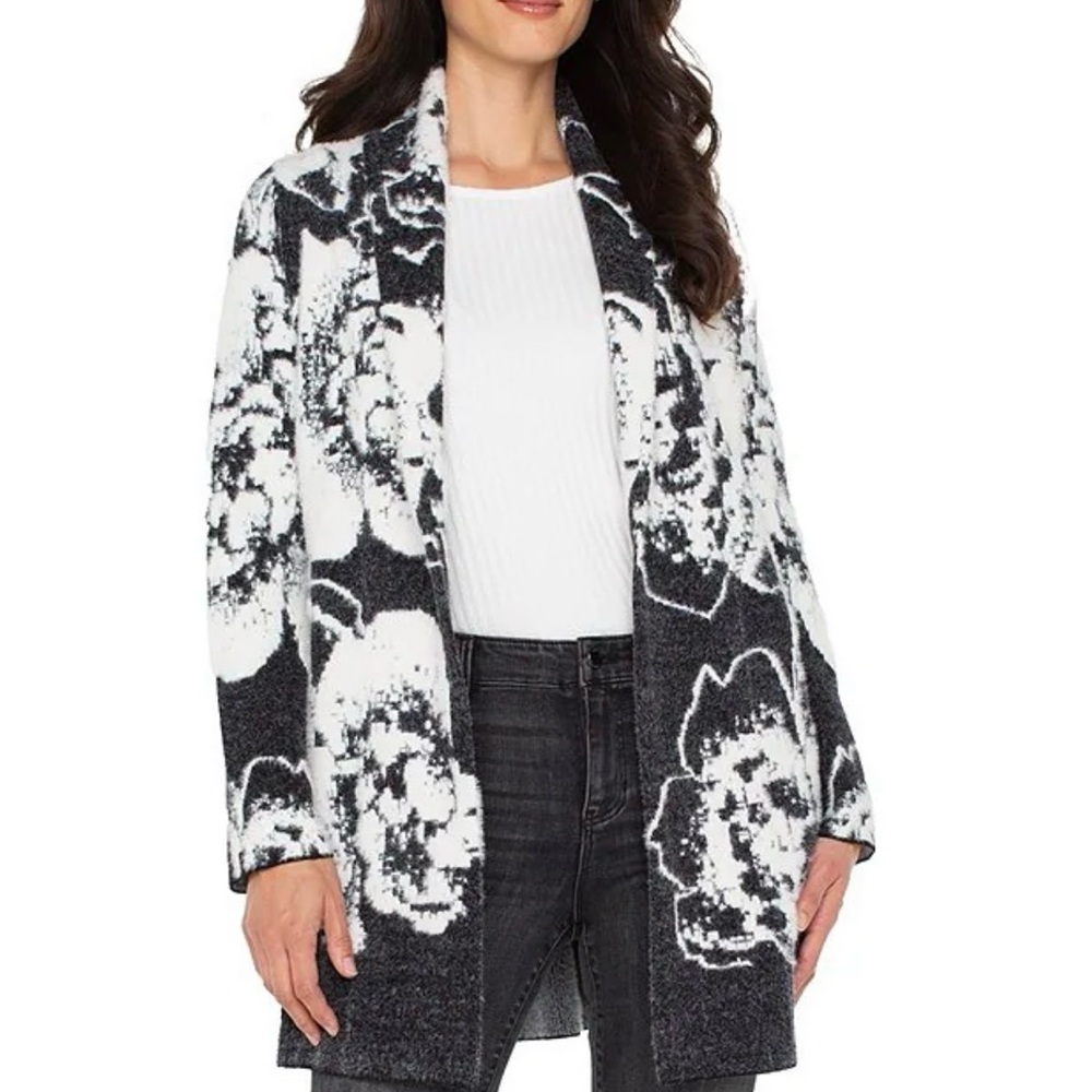 Liverpool Black and White Floral open shawl jacquard sweater coat